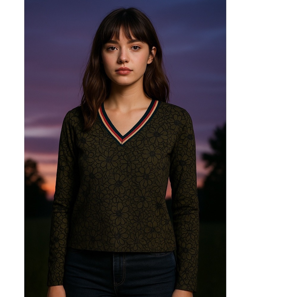 Nümph Olive Green &‎ Black Floral Lace Long Sleeve Top (Size 40)